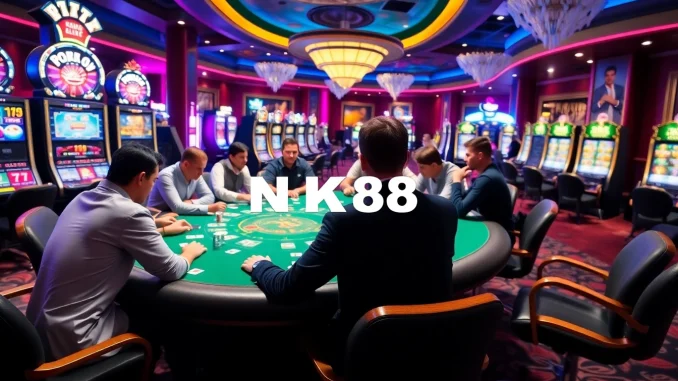 Exciting casino scene with poker players and vibrant elements showcasing NK88 gaming.