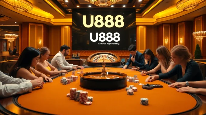 U888 gaming table with poker chips and playing cards, showcasing an exciting casino atmosphere.