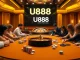 U888 gaming table with poker chips and playing cards, showcasing an exciting casino atmosphere.