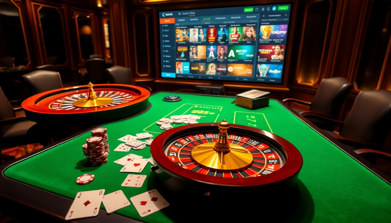 A thrilling casino experience at 678win.com with poker chips, cards, and a roulette wheel.
