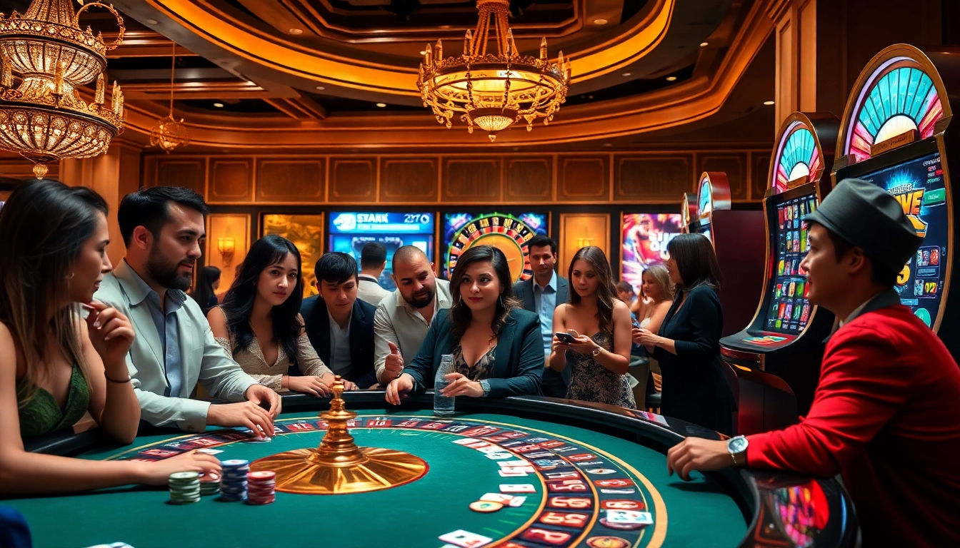 Gambling enthusiasts enjoying poker and roulette at https://8xbetsports.com casino scene.