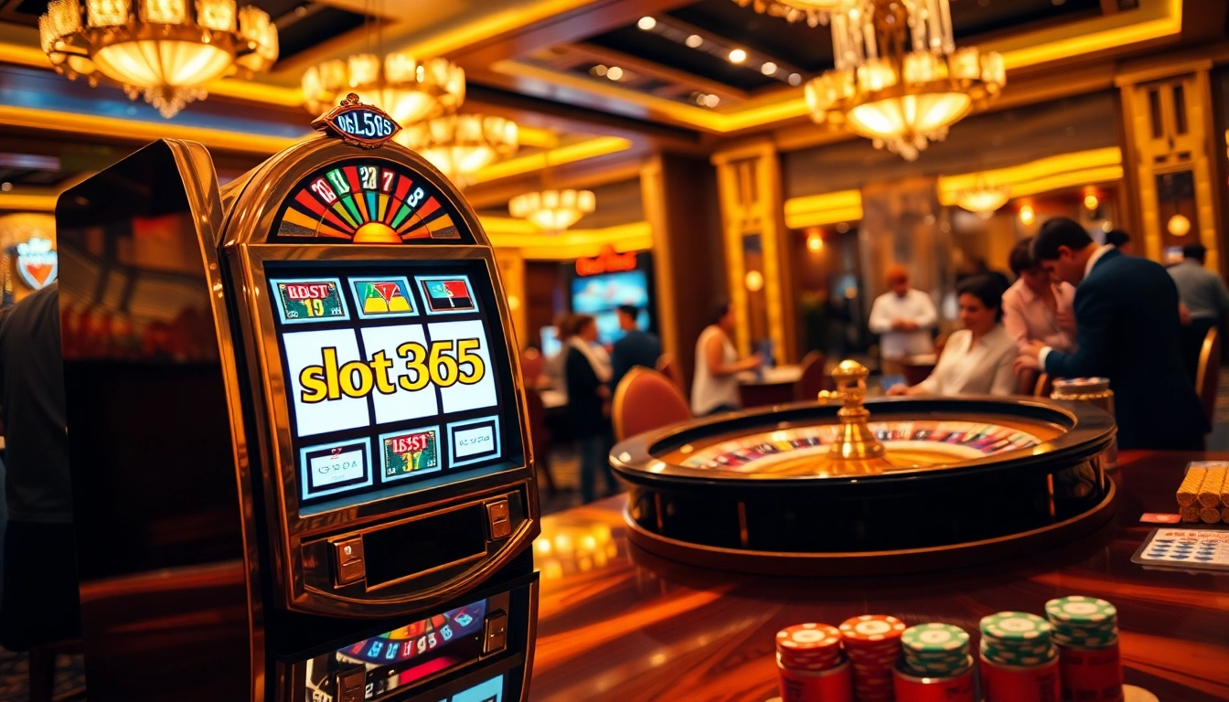 Spark excitement with slot365 đăng nhập at a luxurious casino featuring slot machines and vibrant roulette tables.