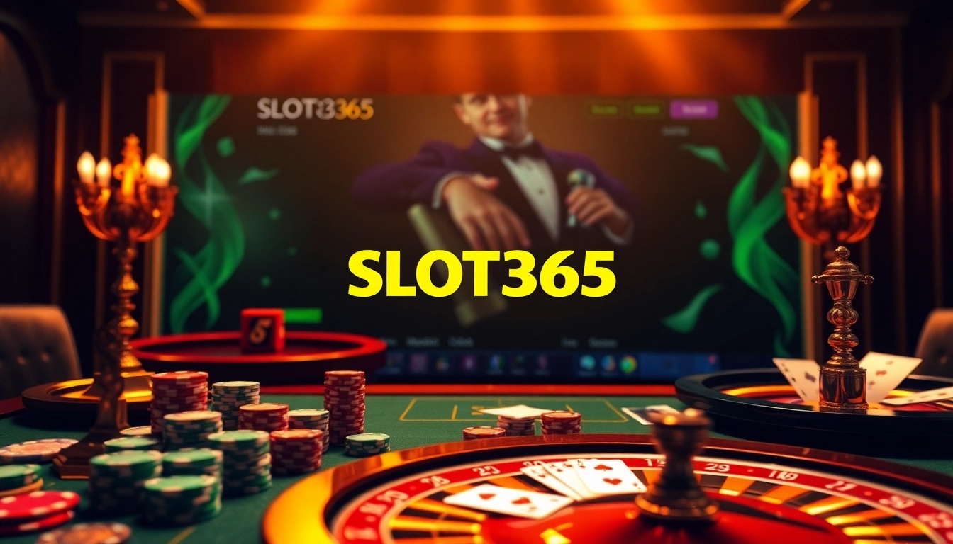 SLOT365 đăng nhập screen integrated with a stylish casino table featuring poker chips, cards, and a roulette wheel.