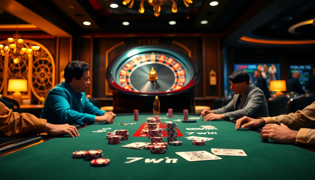 Players enjoying an intense poker game at 79win casino with luxurious atmosphere.