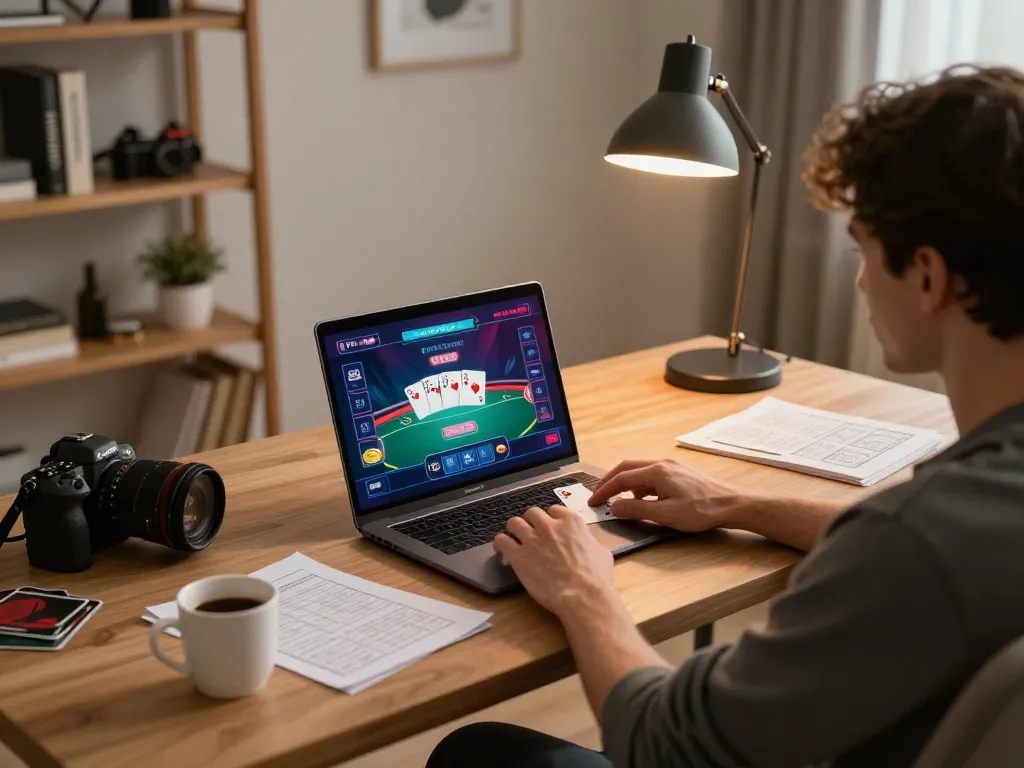 Engaging gaming moment on Fm88 com with vibrant poker interface on laptop, home office scene