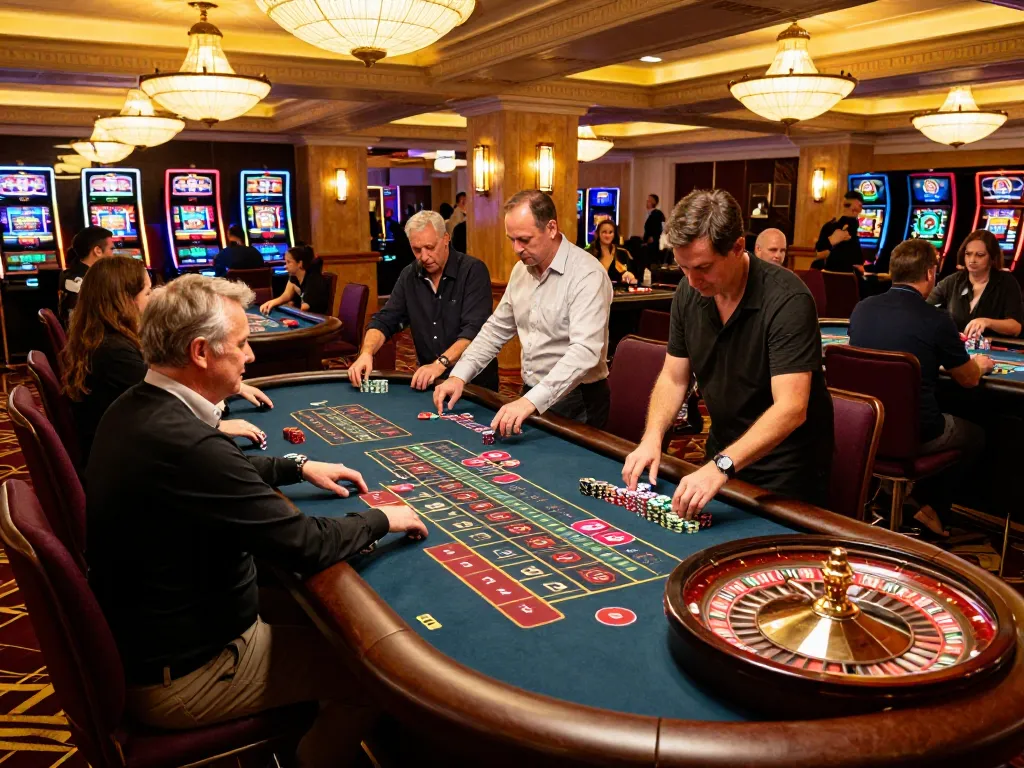 Players engaging with fabet at a lively roulette table, chips piled high amidst a warm, elegant casino atmosphere.