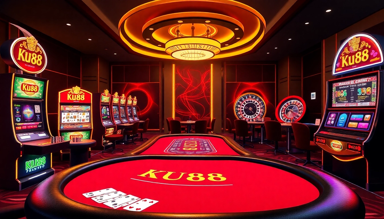 Engaging poker players and vibrant slot machines at Ku88 casino.