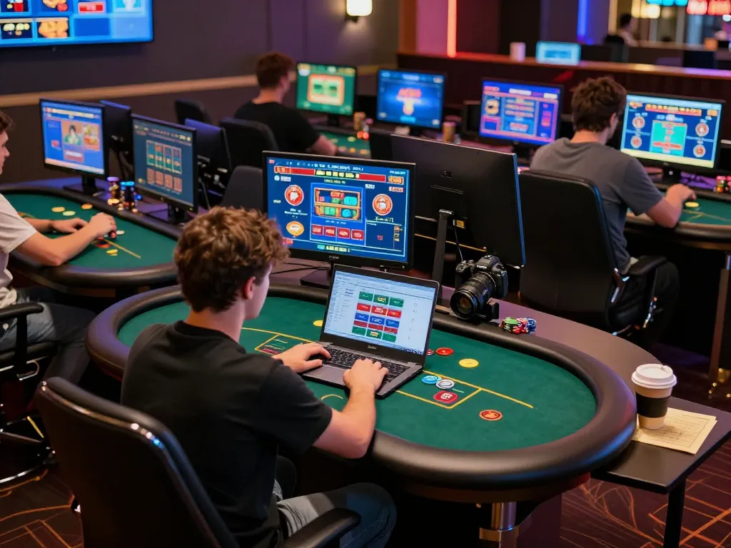 Dabet online casino player strategizing on poker game with stylish laptop setup, vibrant screens, and personal touches