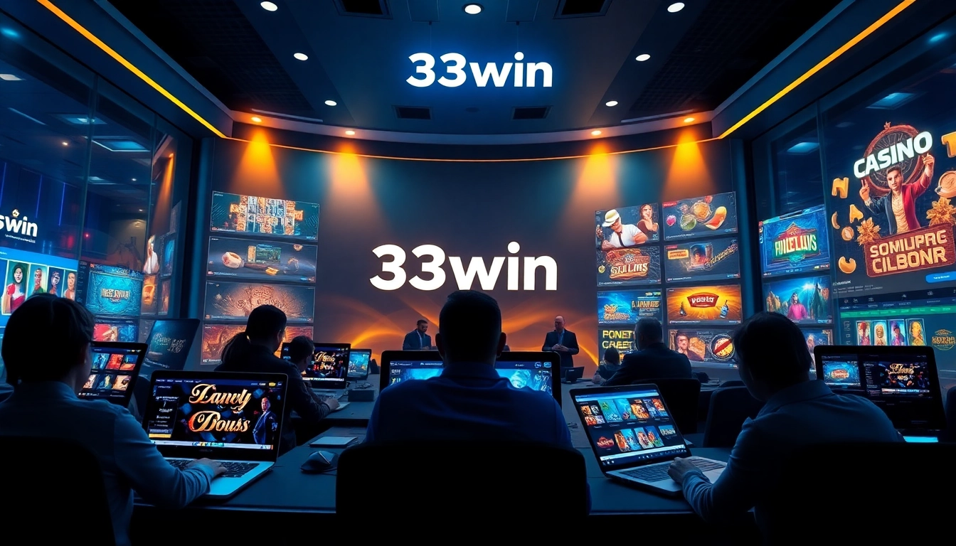 Players engage with the 33win online casino platform, showcasing diverse gaming options and a luxurious digital atmosphere.