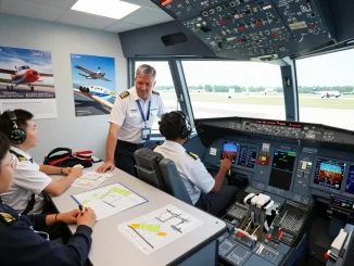 Fly88 flight academy training scene with instructor and trainees in a cockpit simulator