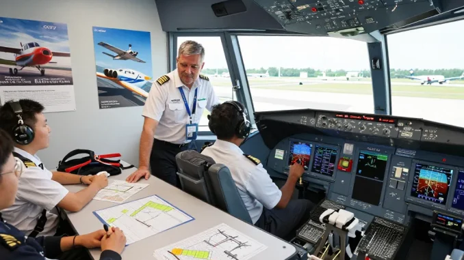 Fly88 flight academy training scene with instructor and trainees in a cockpit simulator