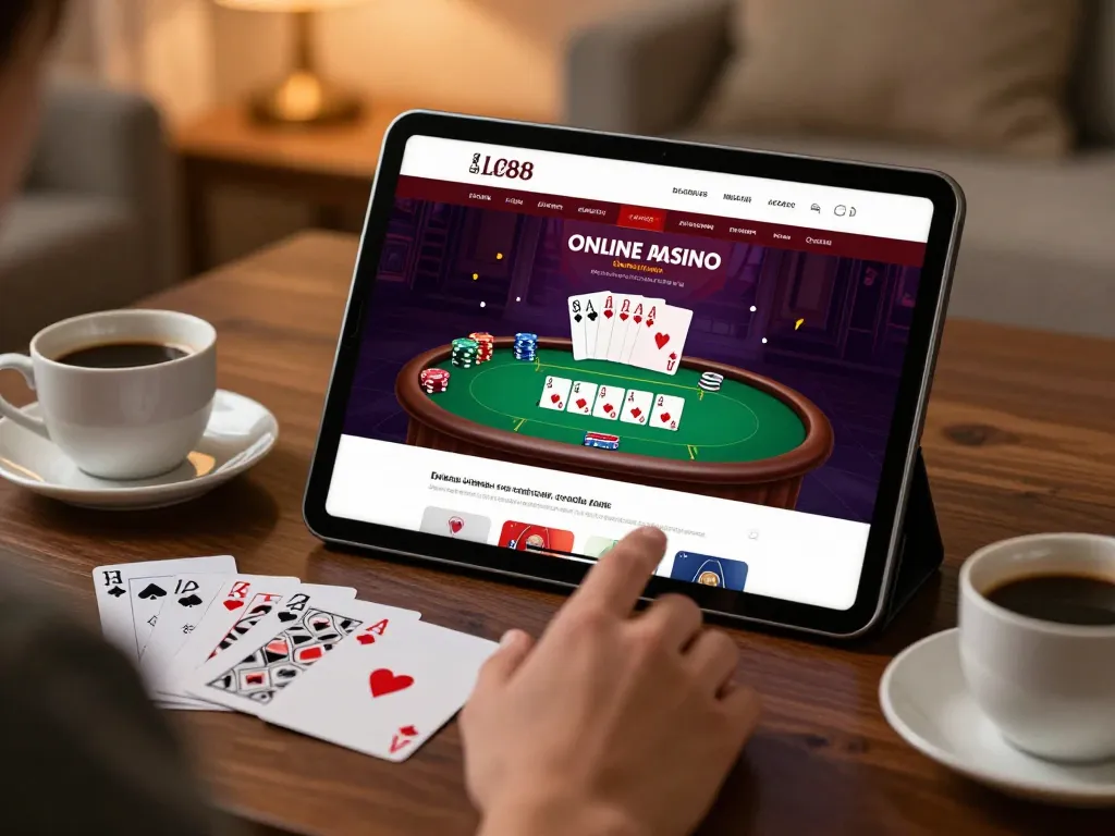 LC88 online casino gaming experience on a tablet with poker gameplay displayed in a cozy home setting.