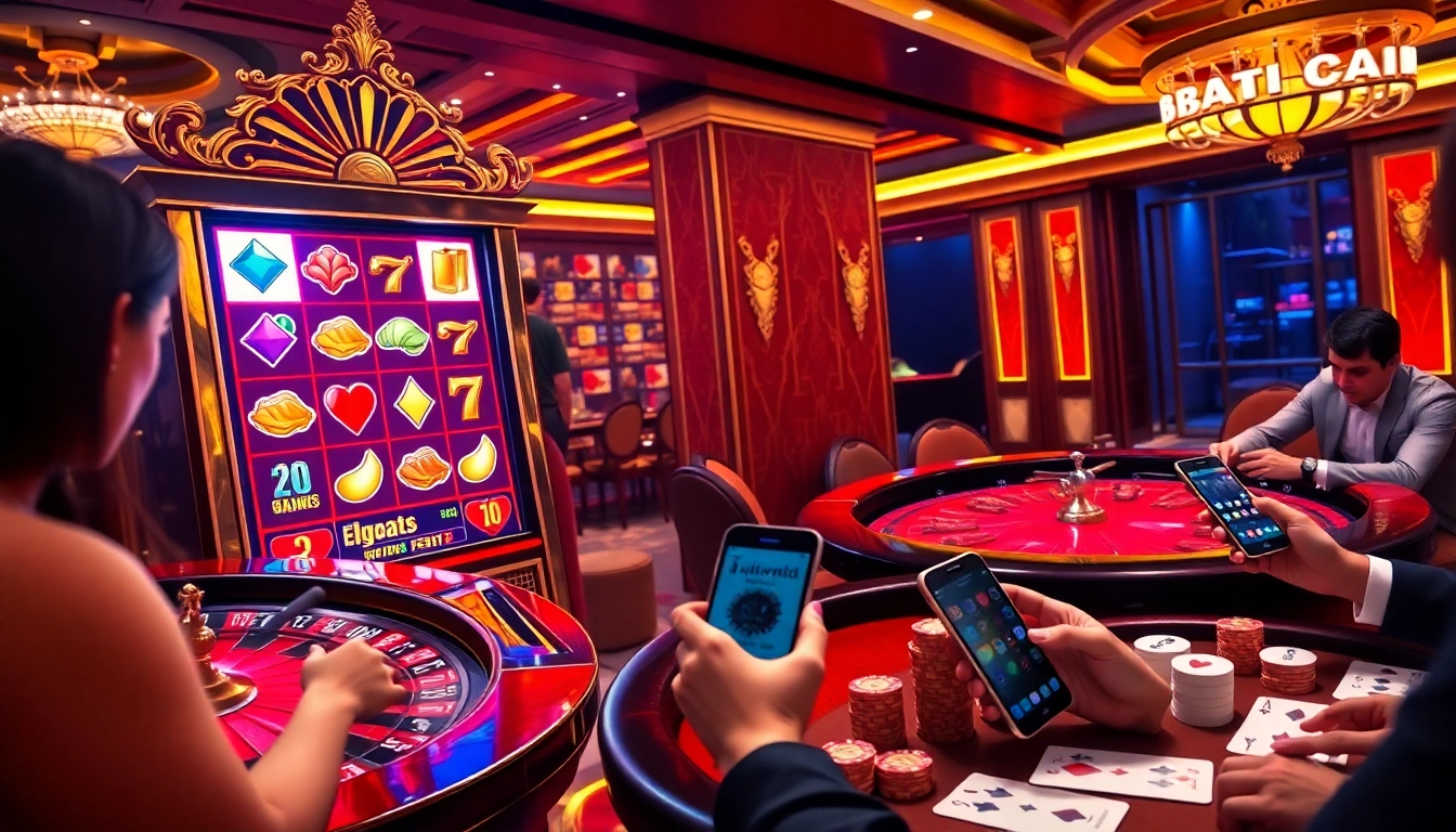 Engaging gamblers at nhà cái okfun with vibrant casino games, slots, and poker in an upscale setting.