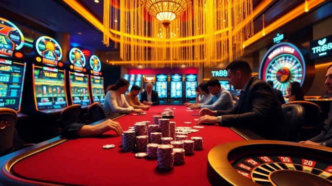 Players engaging in an exciting poker game at a vibrant casino table showcasing tr88's thrilling atmosphere.