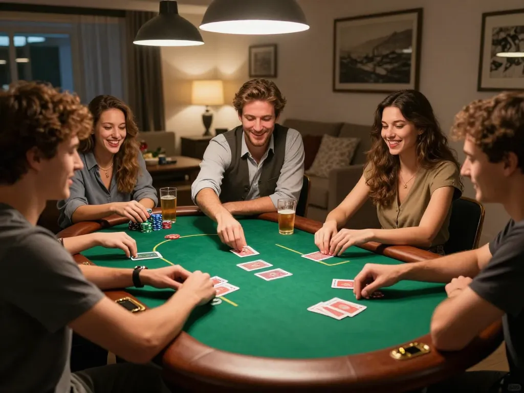 Friends enthusiastically playing poker at home while enjoying their debet night with drinks and snacks.