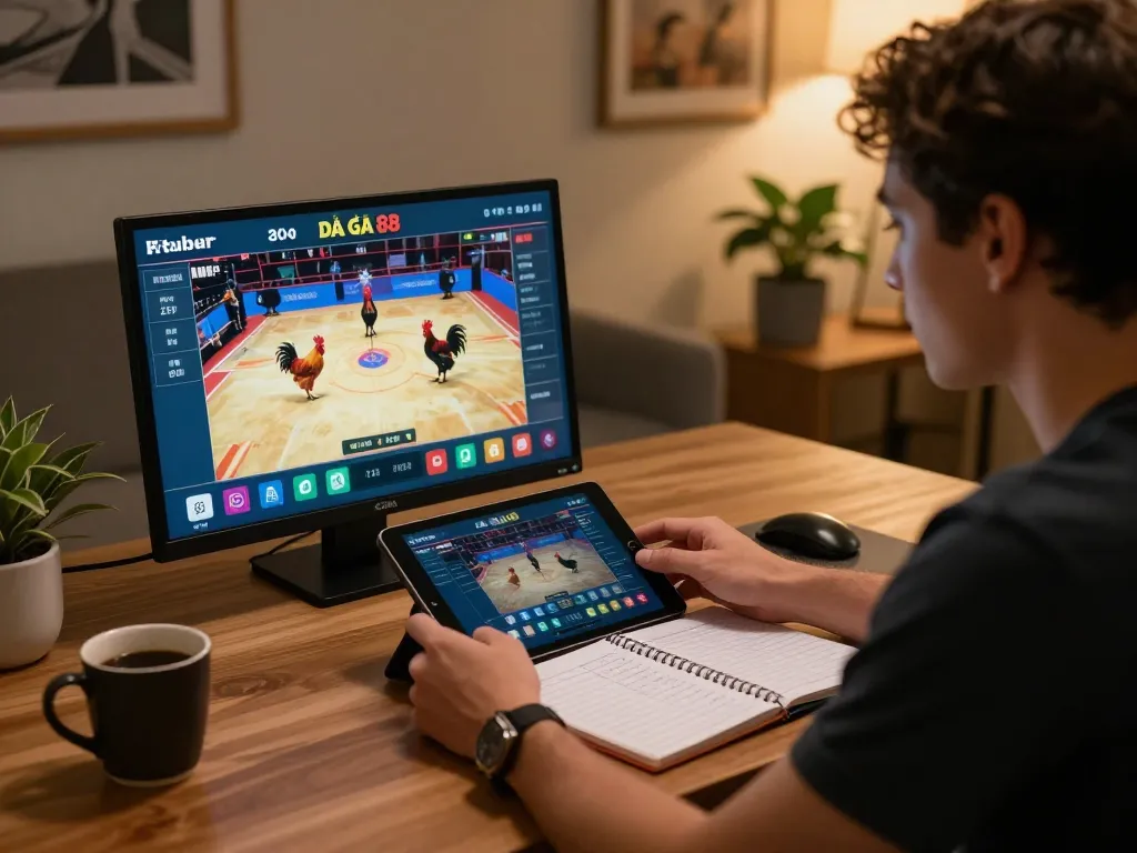 Engaging in live ĐÁ GÀ 88 betting on a tablet at home, showcasing an exciting online gambling experience