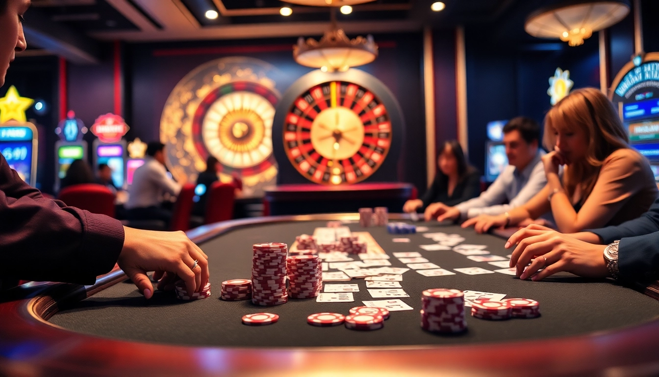 Players enjoying a thrilling game bài at an elegant poker table in a bustling casino.