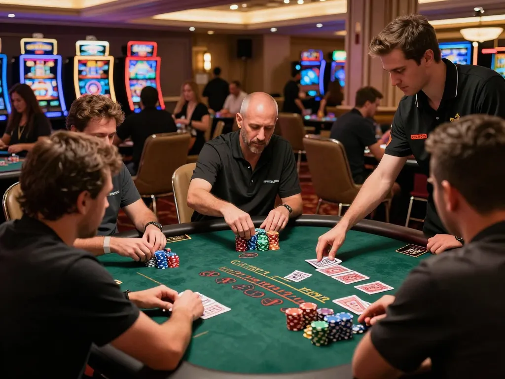 Players at the debet blackjack table strategizing their next moves amidst a vibrant casino atmosphere.