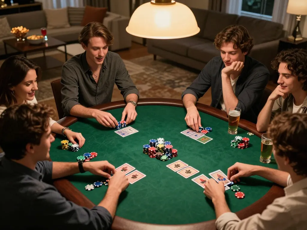 Engaging friends enjoy intense poker night at home while utilizing https://lc88.center/ for strategic gameplay.