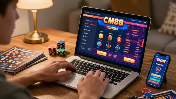 Engaging online gaming setup showcasing cm88 interface on laptop with cozy home atmosphere.