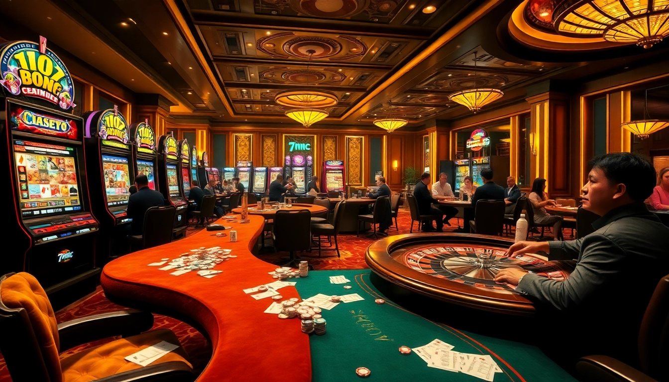 Join the excitement of 7mcn at a vibrant casino scene filled with slot machines and poker tables.