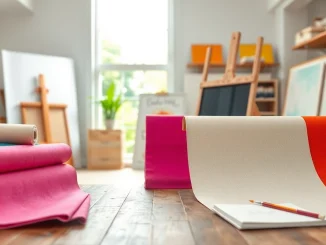 Bekijk canvas kopen in een kleurrijke en creatieve studio met diverse stoffen.