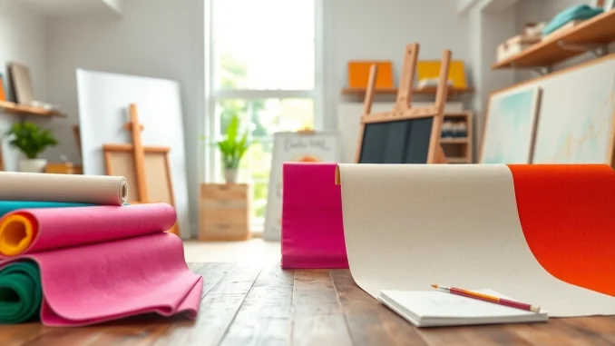 Bekijk canvas kopen in een kleurrijke en creatieve studio met diverse stoffen.