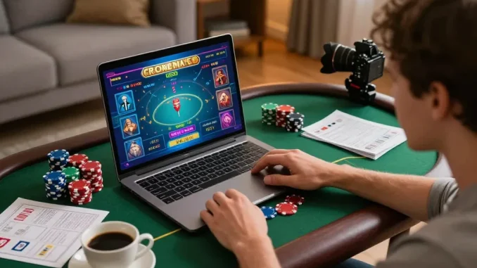 Engaging gameplay on JJun88 online casino platform, showcasing strategic decisions and a cozy setting.