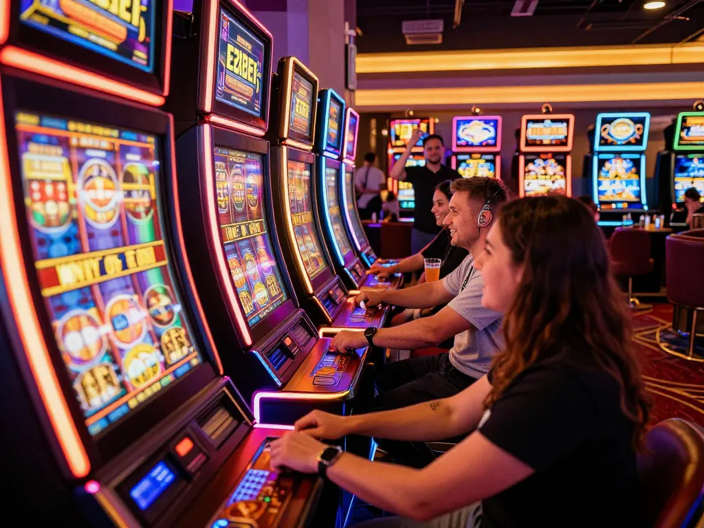 E2bet players enjoying the thrill of spinning slots in a lively casino atmosphere.