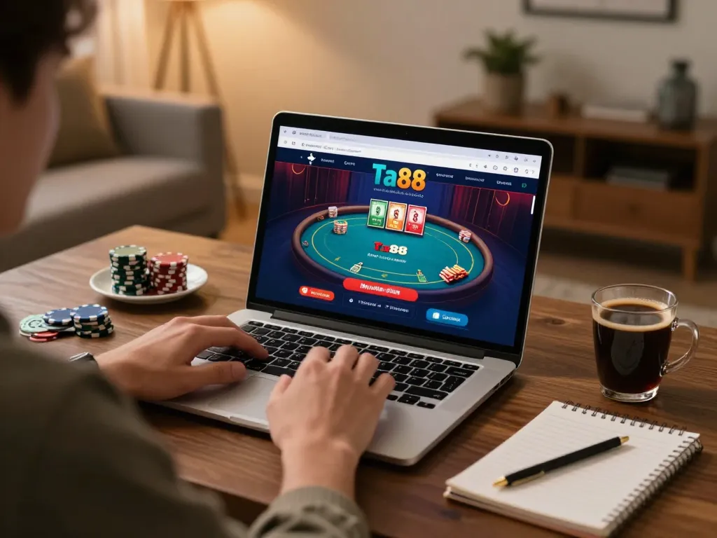 Engaging with ta88 online casino interface in a cozy home setting while managing bankroll