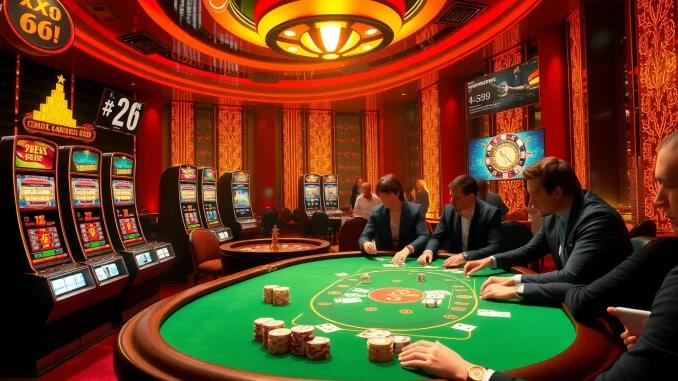 Xoso66 players engaging in thrilling casino action with vibrant slot machines and poker tables.