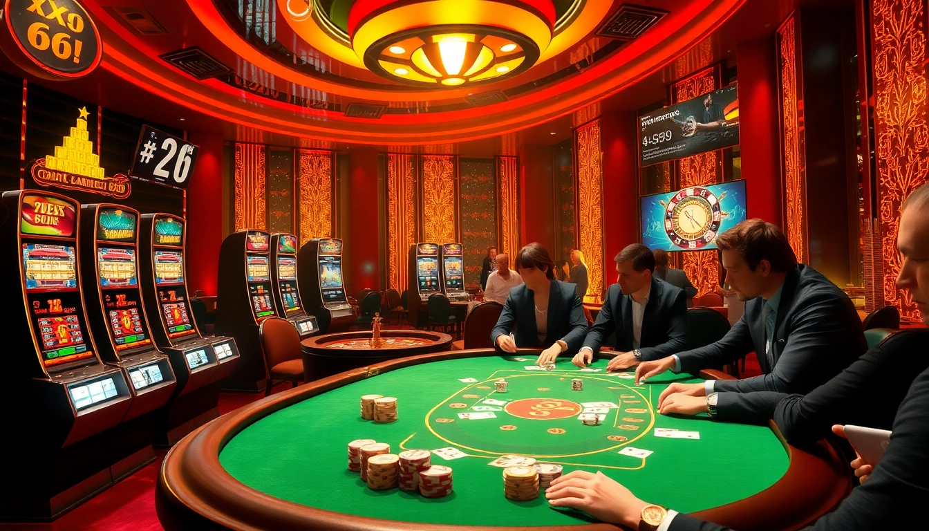 Xoso66 players engaging in thrilling casino action with vibrant slot machines and poker tables.