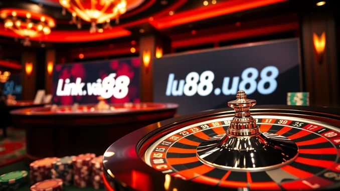 Energetic casino scene emphasizing Link vào lu88, featuring roulette wheel and poker chips.