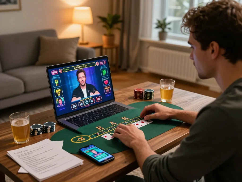 Player enjoying TT88 blackjack game on laptop in a cozy living room with drinks.