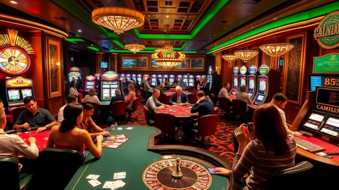 Experience the thrill of gambling at GO8 with vibrant casino tables and poker players.