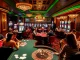 Experience the thrill of gambling at GO8 with vibrant casino tables and poker players.