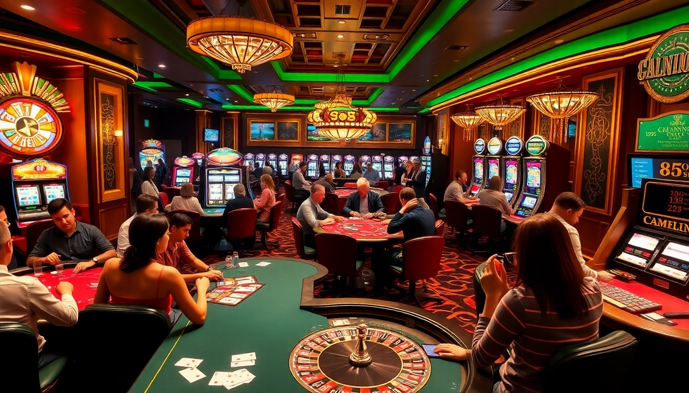 Experience the thrill of gambling at GO8 with vibrant casino tables and poker players.