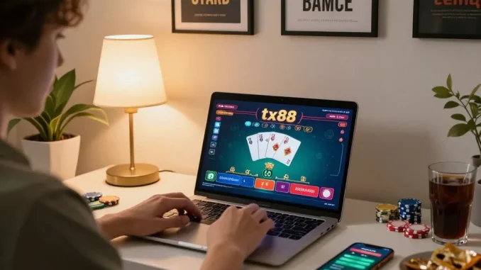 Engaging in tx88 online poker with chips and cards during a cozy home gaming session.