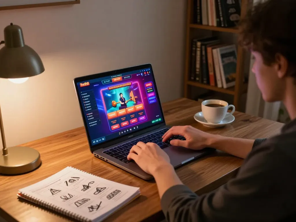 Engaging with Red88 đăng nhập on a laptop at home, showcasing online casino interface and cozy environment