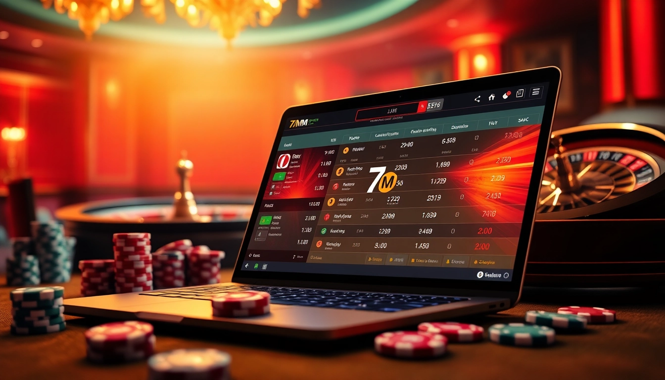 Live betting interface showcasing tỷ số trực tuyến 7m with sports scores, poker chips, and roulette wheel.