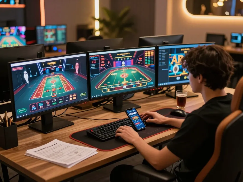 Engaging online gaming scene at home showing a player on https://bl555.agency/ with multiple casino game interfaces.