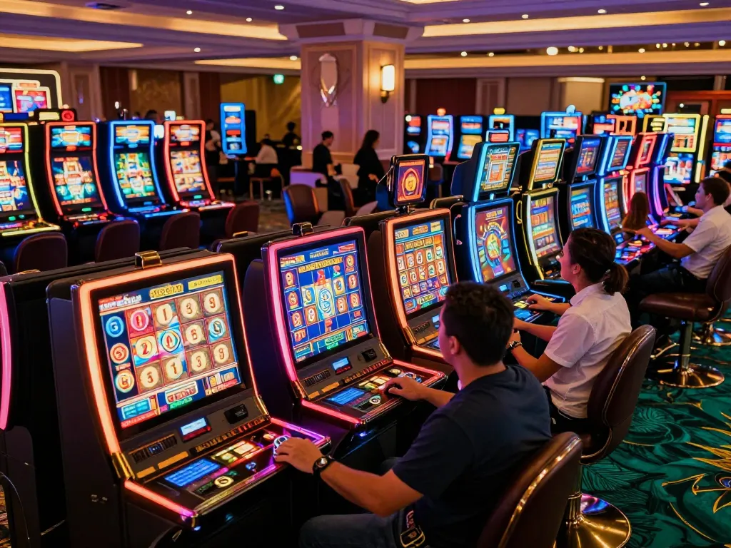 Players engaging with colorful slot machines in a lively casino setting, featuring TX88 excitement.