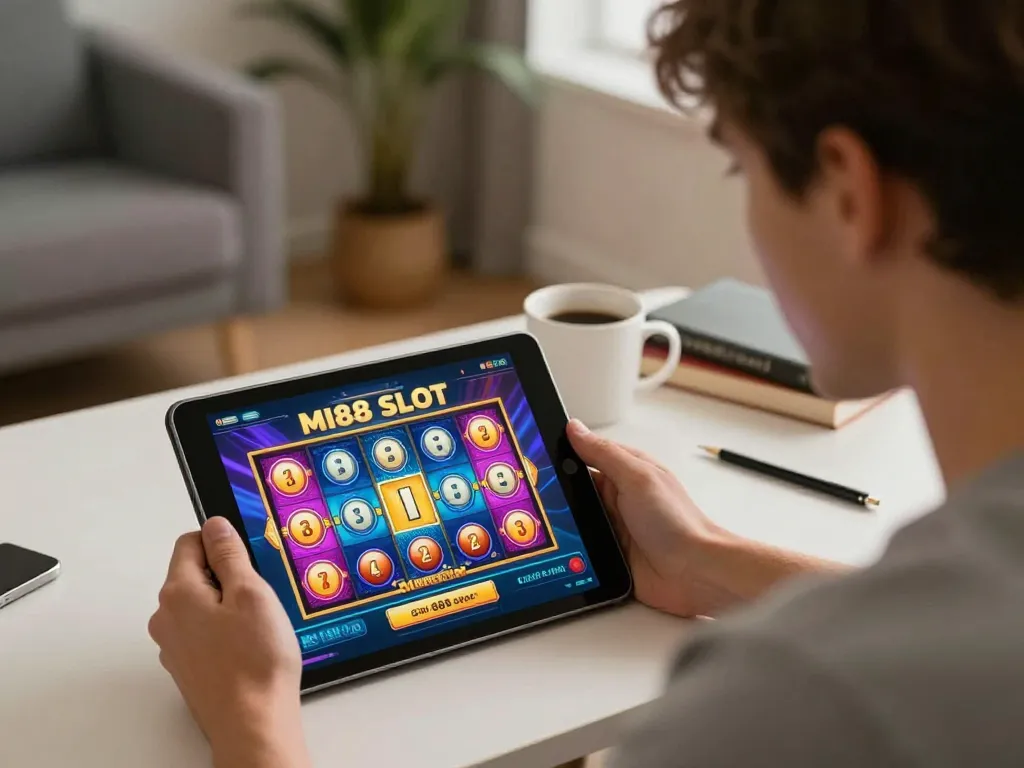 Engaging user playing MI88 SLOT on tablet in a cozy home setting, surrounded by personal decor and warm lighting.