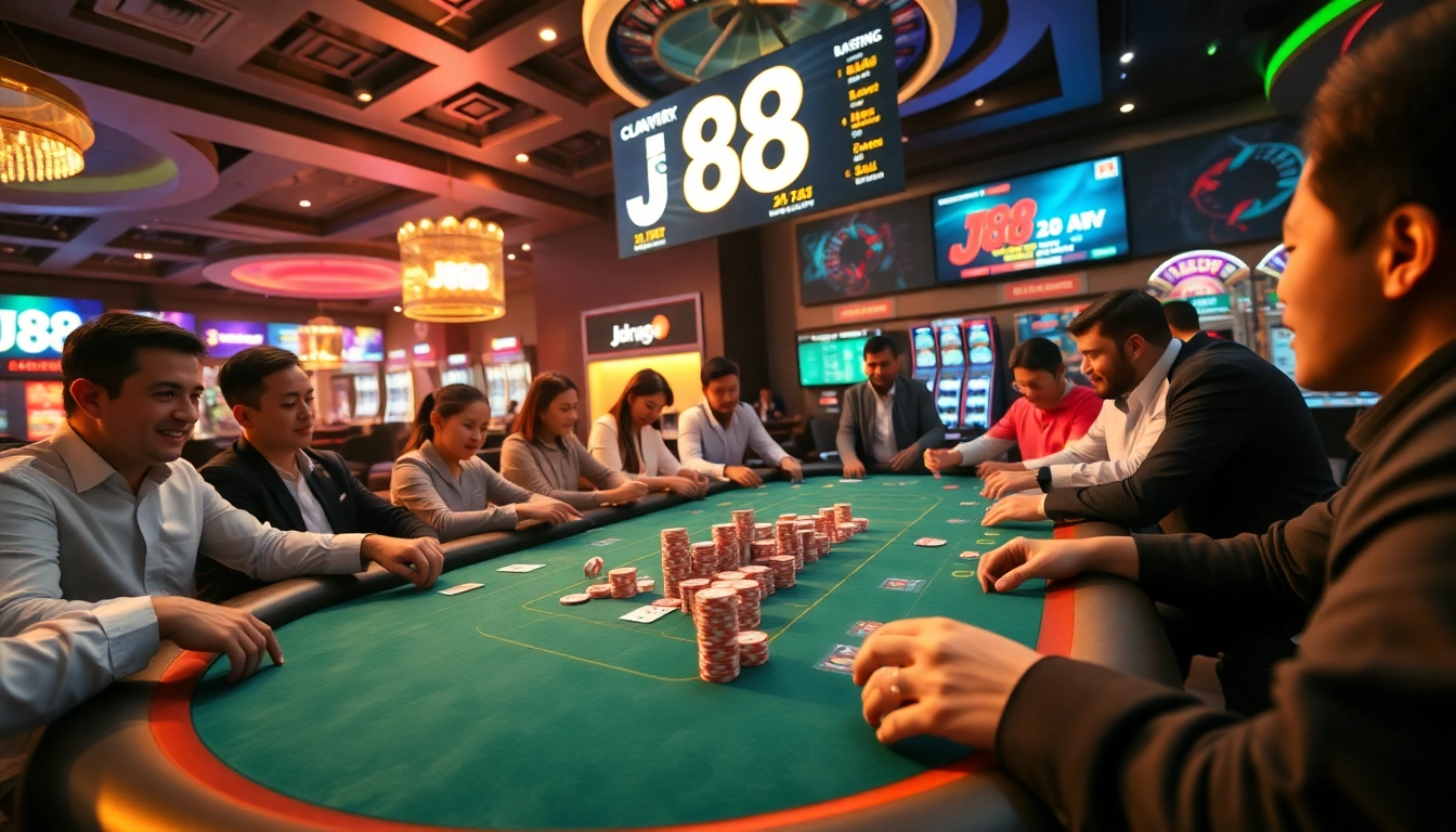 Experience the excitement of J88 gaming at a vibrant casino table with enthusiastic players.