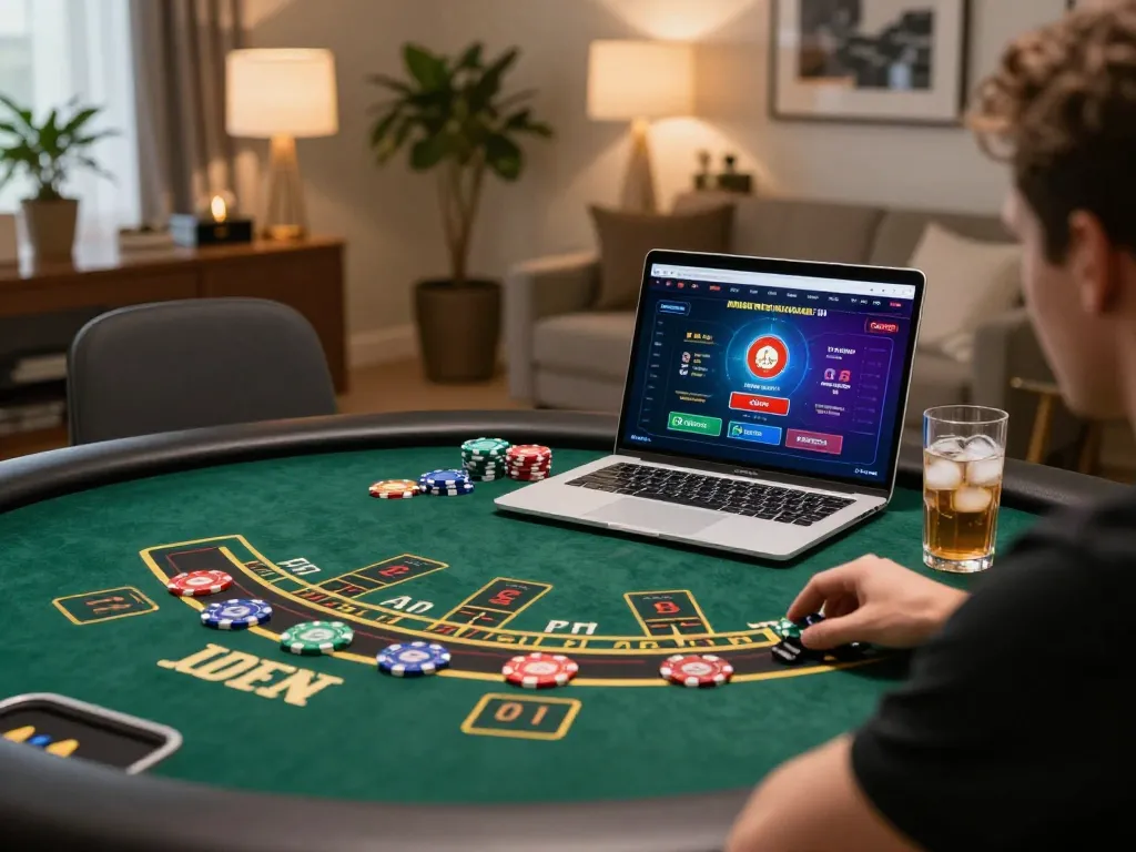 Engaging in online blackjack gameplay at nk 88 casino setup with colorful chips and warm lighting
