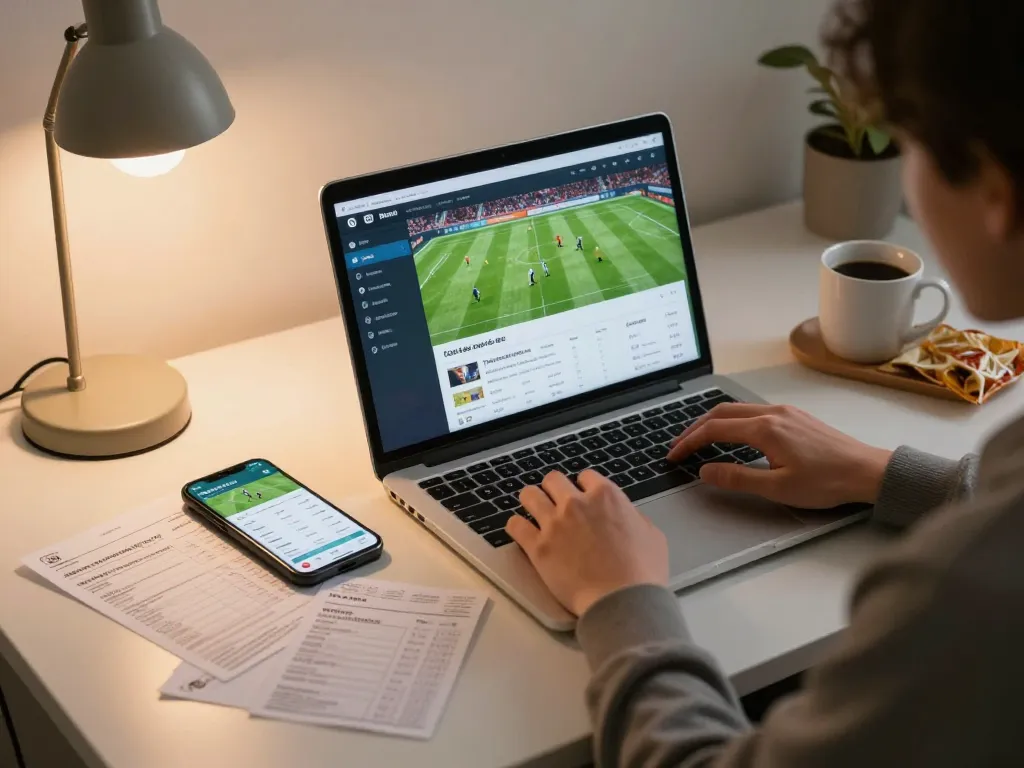 Engaging in sports betting on fabet with a detailed online interface at home, showcasing a relaxed atmosphere.