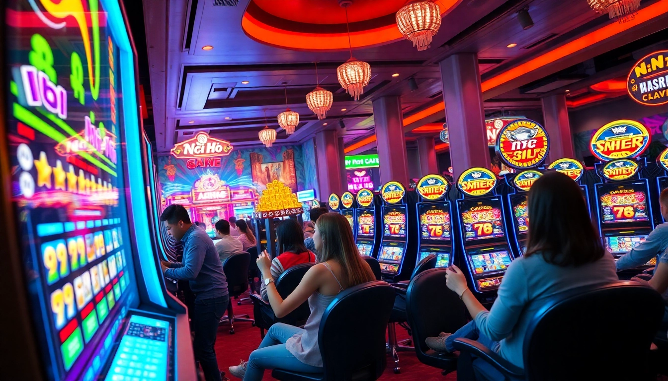 Nổ hũ gaming scene with vibrant casino atmosphere, players winning jackpots
