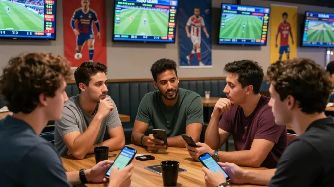 Engaged bettors reviewing kèo nhà cái in a lively sports lounge with digital odds displayed.