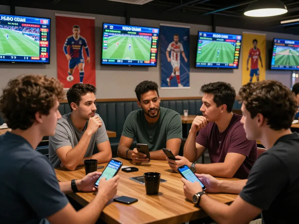 Engaged bettors reviewing kèo nhà cái in a lively sports lounge with digital odds displayed.