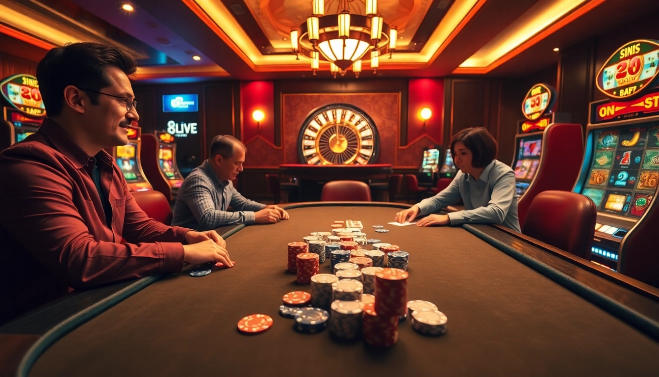 Excited players gamble at a poker table in a luxurious casino scene at https://8live.date/.